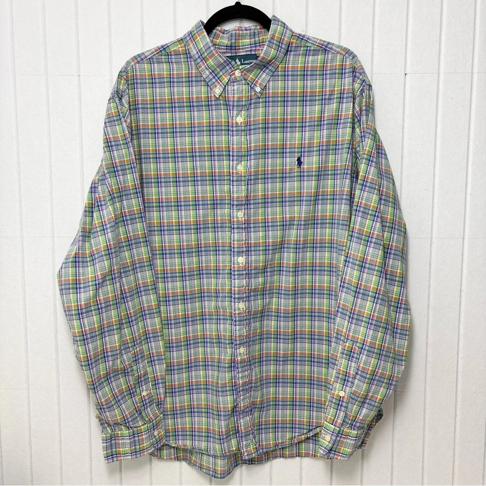 Ralph Lauren Vibrant Green Blue Cotton Plaid  Men's Shirt size XXL‎
